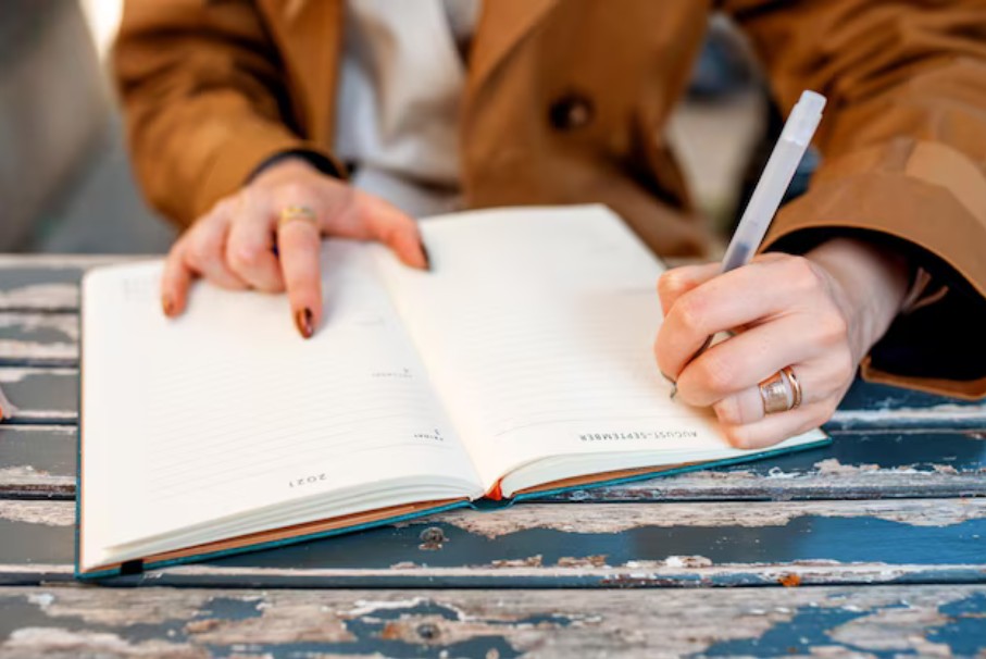 Persona zurda escribiendo en un cuaderno con café, representando estrategias de comunicación digital para negocios